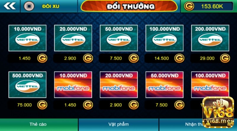 Đa dạng mệnh giá đổi thưởng khi chơi game bài đổi thẻ tại Vin68