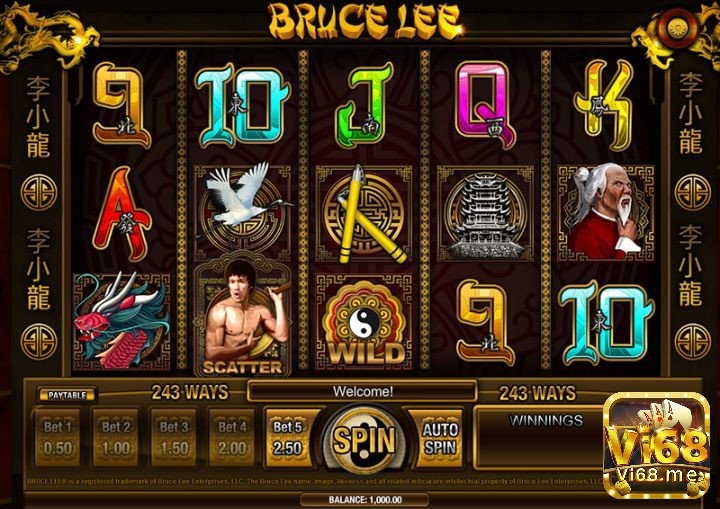 Giao diện chính của slot game Bruce Lee với các biểu tượng võ thuật đặc trưng